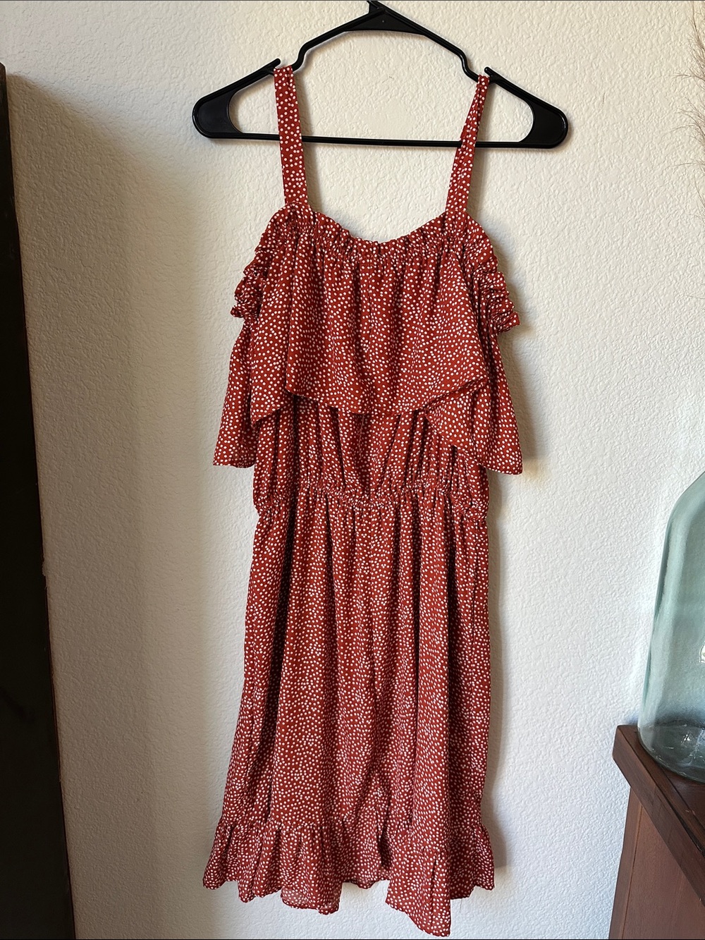 Ruffle Tiered Rust Midi Dress with White Dot Print